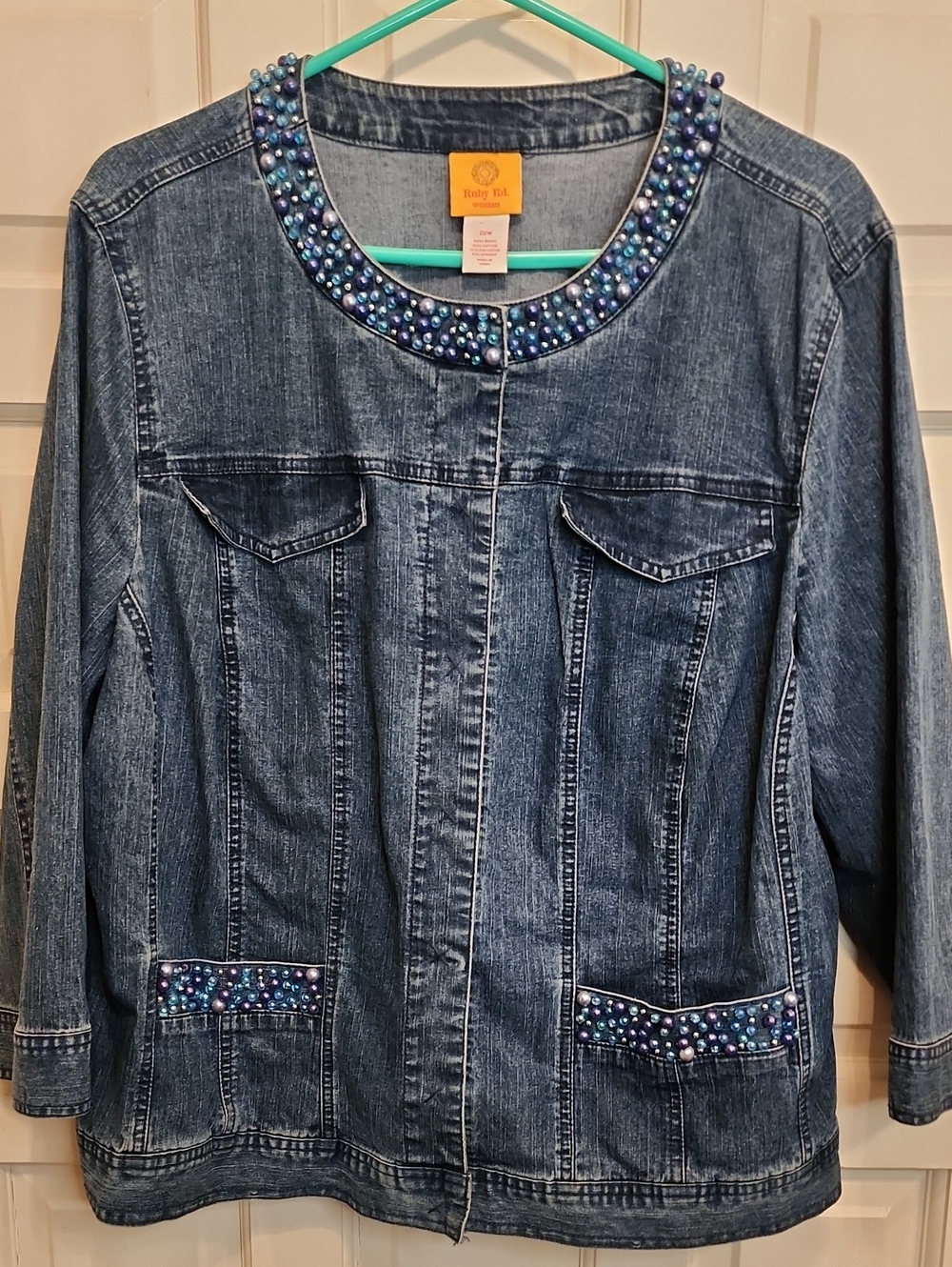 Ruby Road Denim Jacket With Bluish Pearl Beads All Intact  Front Bottom Pockets